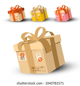 Vector Cardboard Parcels Set with Address and Stamp