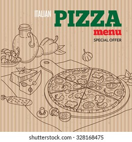 Vector cardboard pizza menu cover. Modern hand drawn style for cafe, restaurant, pizzeria. Design concept with fresh pizza, cheese, olive oil, cooking tools, garlic, tomatoes, vegetables and Basil