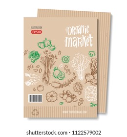 Vector cardboard template. Modern hand drawn style for sale and discount of vegetarian shop, web, periodical, advertising, sticker and print. Concept for natural organic products shop, cover design.