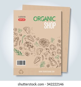 Vector cardboard template. Modern hand drawn style for sale and discount of vegetarian shop, web, periodical, advertising, sticker and print. Concept for natural organic products shop, cover design.