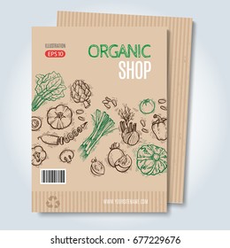 Vector cardboard template. Modern hand drawn style for sale and discount of vegetarian shop, web, periodical, advertising, sticker and print. Concept for natural organic products shop, cover design.