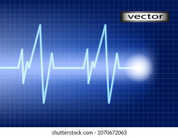 Vector. Cardiogram on the blue screen, the rhythm of the beating of a healthy heart, pulse when the heart beats. Realistic illustration. Isolated on background.