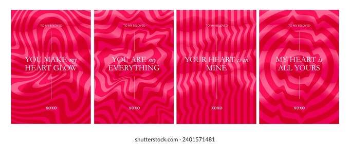 Tarjetas vectoras sobre amor con fondos 3d y citas en color rosa brillante. Afiches De Color Neón Set. Moderno Bg con Ondas Swirl. Resumen del diseño de arte del año 2000 para afiches y pancartas para el Día de San Valentín.