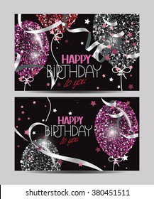 Vector cards with abstract colorful air balloons with stars, ticker tapes and Happy Birthday wishes