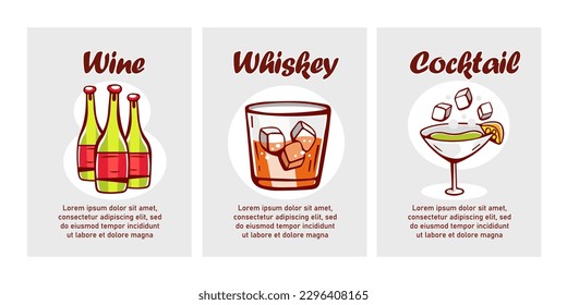 Vector cards of alcoholic drinks in cartoon style: wine, whiskey, cocktail.
