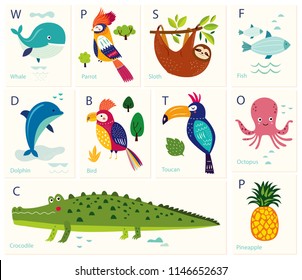 Vector cards with alphabet animals. Play cards for kids. Decorative funny animals in alphabet