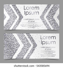 Vector cards with arrows from silver confetti, sparkles, glitter and space for text on white background. Vector illustration. Elements for banner, design, logo, card, web, invitation, business, party.