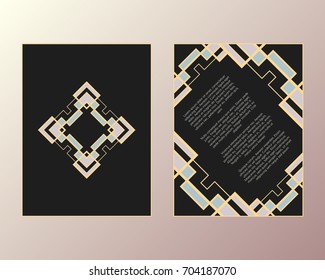 Vector cards. Art Deco style. Geometric frame and poster with diamond logo. 