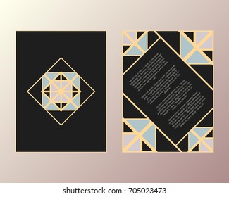 Vector cards. Art Deco style. Geometric frame and poster with diamond logo. 
