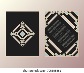 Vector cards. Art Deco style. Geometric frame and poster with diamond logo. 