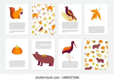 Vector cards with  Autumn cartoon characters, plants and text. Fall season. Forest animals. Collection for design and Autunm decoration