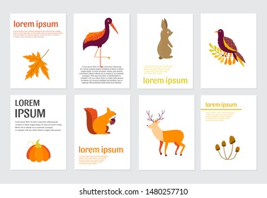 Vector cards with  Autumn cartoon characters, plants and text. Fall season. Forest animals. Collection for design and Autunm decoration