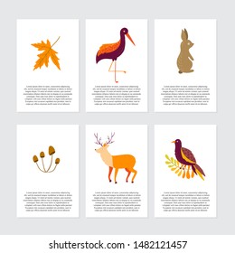 Vector cards with  Autumn cartoon characters, plants and text. Fall season. Forest animals. Collection for design and Autunm decoration