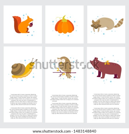 Vector cards with  Autumn cartoon characters, plants and text. Fall season. Forest animals. Collection for design and Autunm decoration