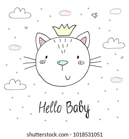 Vector cards for Baby Shower with cute cat. Hello baby.