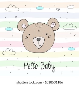 Vector cards for Baby Shower with cute bear. Hello baby.
