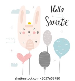 Vector cards for Baby Shower with cute bunny. Hello sweetie