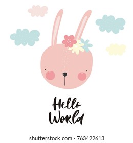 Vector cards for Baby Shower with cute bunny. Hello world