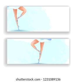 Vector Cards with Ballerina Silhouette. Ticket Design. Beautiful feet of a ballerina in pointe shoes on a blue background. Textural illustration, imitation of watercolor.