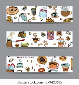 Vector Cards and Banners with Coffee theme. Background for cafe menu. Doodles style.