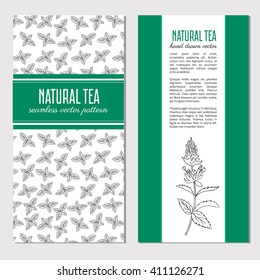 Vector cards, banners with hand drawn mint branch, leaves, flower isolated on white, spicy herb, Doodle cooking ingredient, Vector seamless pattern, Perfect for cosmetic, tea and other design package