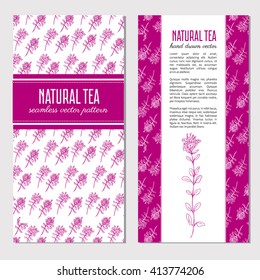 Vector cards, banners with hand drawn Thyme branch, leaf, flower isolated on white, spicy herb, Healing herb, doodle, sketch, Vector seamless pattern,Perfect for cosmetic, tea and other design package