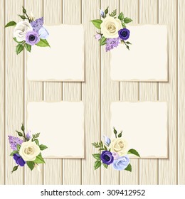 Vector cards with blue, purple and white roses, lisianthuses, anemones, lilac flowers and green leaves on a wooden background.
