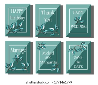 Vector cards and business cards for the holidays, wedding invitations. Birthday. Turquoise background and emerald leaves. Floral print. Pattern. Isolated objects. You can change.