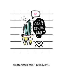 Vector cards with cactus and positive phrase. Doodle style. Hand drawn cute cacti. Fun posters in cartoon style. Prickly green houseplant.