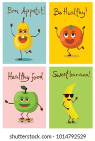 Vector cards with cartoon funny fruits and funny hand drawn lettering