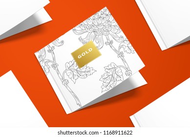Vector cards with Chrysanthemum flowers and leaves. Frame with inscription Gold. Japanese style. Red background. 