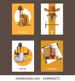 Vector cards collection about wild west, cowboys. Vertical design templates
