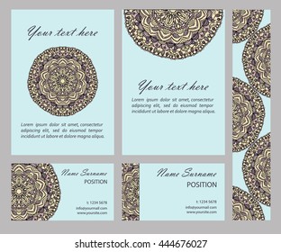 Vector cards collection with mandala circular pattern, business cards set. Ornate elements for logo, icon or invitation card design. Seamless pattern is masked and complete.