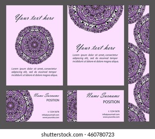 Vector cards collection with mandala circular pattern, business cards set. Ornate elements for logo, icon or invitation card design. Seamless pattern is masked and complete.