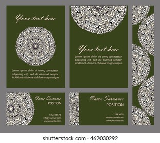 Vector cards collection with mandala circular pattern, business cards set. Ornate elements for logo, icon or invitation card design. Seamless pattern is masked and complete.