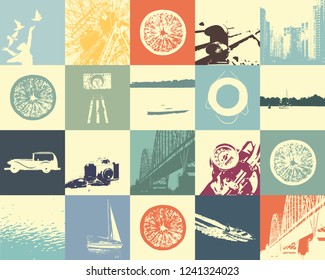 Vector cards collection in retro style. Travel minimalistic square illustrations. Summertime collage.