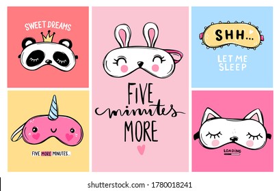 Vector cards collection with Sleep masks and quotes. Blindfold classic and animal shaped - unicorn, cat, rabbit, panda. Eyemasks cute collection. Cartoon style.