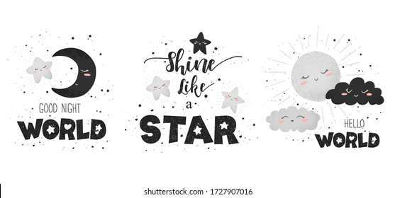 Vector cards collection with textured cute hand drawn moon, sun, clouds and stars isolated on white background. Design for baby room decoration, print, fabric, wallpaper