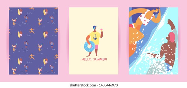 Vector cards, cover with illustrations of active characters on summer vacation, beach, leisure, summertime