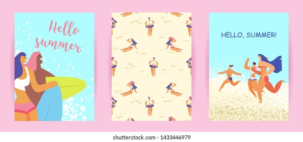 Vector cards, cover with illustrations of active characters on summer vacation, beach, leisure, summertime