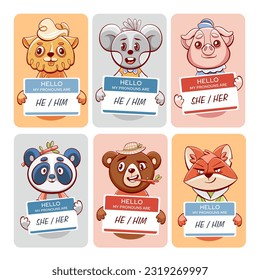 Vector cards with cute animals: sheep, panda, mouse, bear, pig and fox in cartoon style.