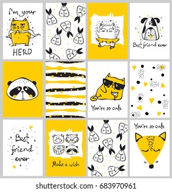 Vector cards with cute animals in simple design and funny lettering for kid's greeting card design, t-shirt print, inspiration poster.