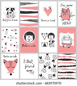 Vector cards with cute animals in simple design and funny lettering for kid's greeting card design, t-shirt print, inspiration poster.