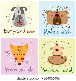 Vector cards with cute animals in simple design and funny lettering for kid's greeting card design, t-shirt print, inspiration poster.