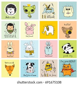 Vector cards with cute animals in simple design and funny lettering for kid's greeting card design, t-shirt print, inspiration poster.