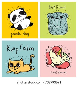 Vector cards with cute animals in simple design and funny lettering for kid's greeting card design, t-shirt print, inspiration poster.