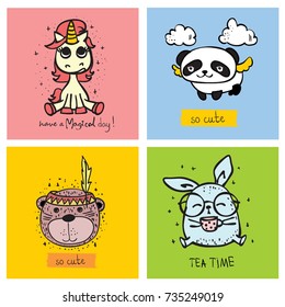 Vector cards with cute animals in simple design and funny lettering for kid's greeting card design, t-shirt print, inspiration poster.