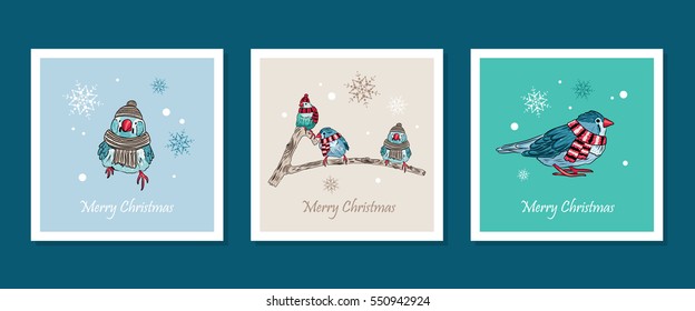 vector cards with cute birds warm dressed in winter season. EPS