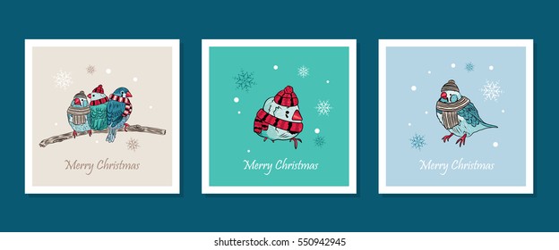 vector cards with cute birds warm dressed in winter season. EPS