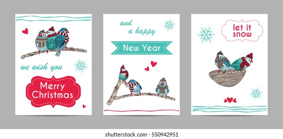 vector cards with cute birds warm dressed in winter season. EPS